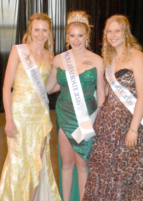 THE SHS PROM QUEEN, Temprance Northup, is joined by her royal court, Cheyenne Hoeting and Karleigh Horn, at the enchanting “Golden Masquerade” held on Saturday, April 18th. (Photo Courtesy of SHS Yearbook)