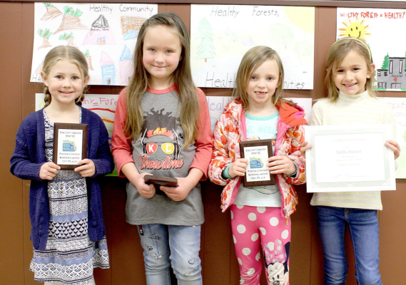 KINDERGARTEN POSTER WINNERS from Rooks County for 2020 include, from left: 1st place, Amelia Casey, Sacred Heart; 2nd, Kendall Hrabe, Plainville; 3rd, Charlotte Graham, Stockton; and 4th, Hallie Darnell, Plainville.