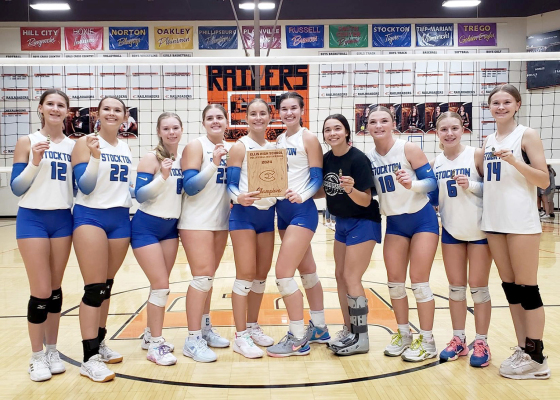 EHS VOLLEYBALL INVITATIONAL CHAMPIONS! The Stockton Lady Tigers placed first at the volleyball invitational in Ellis. From left are: Meredith Gasper, Shae Yohon, Katlyn Couse, Brin Muir, Ava Dix, Aubrey Kesler, Bodye Stithem, Ashlyn Hahn, Saj Snyder, and Teagann Shamburg.