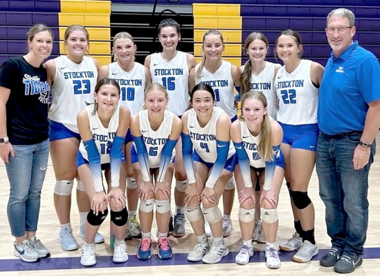 THE STOCKTON LADY TIGERS played their way to a third-place finish at the Purple and Gold Volleyball Tournament held in WaKeeney. Front row, from left are: Meredith Gasper, Saj Snyder, Bodye Stithem, and Katlyn Couse; back row, from left: Head Coach Jen Kesler, Brin Muir, Ashlyn Hahn, Aubrey Kesler, Ava Dix, Teagann Shamburg, Shae Yohon, and assistant coach Clint Bedore. Courtesy Photo