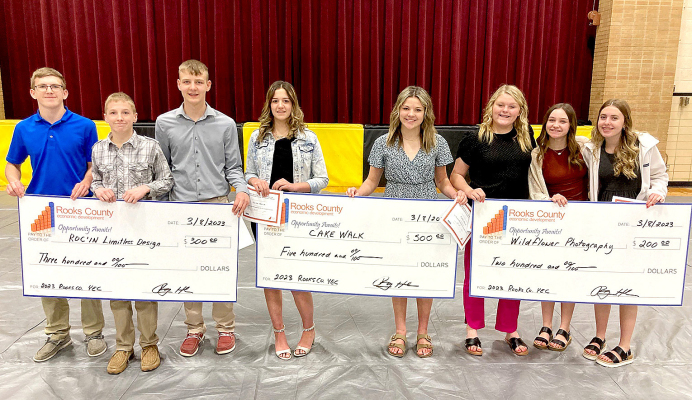 PLACING INTHETOPTHREE SPOTS at the Youth Entrepreneurship Challenge held on Wednesday, March 8th, in Palco were ROC’IN Limitless Design in second place (Reid Stamper, Colby Nuss, and Owen Brewster); CakeWalk in first place (Reese Taylor and Lily Garcia); and Wildflower Photography, (Cooper Harmon, Emma Gabel, and Khloe Nelson). Congratulations to these young entrepreneurs! (Photo Courtesy of Roger Hrabe)