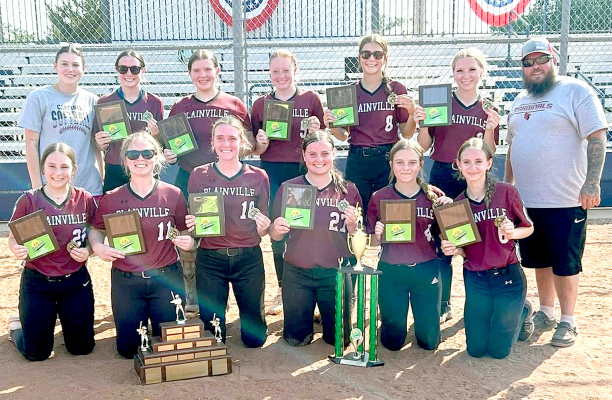 THE 2024 K-18 STATE SOFTBALL CHAMPIONS are, front row, from left: Maddy Dintino, Brylee Horting, Jolyn Johnson, Morgan Stahl, Kaeleigh Klein and Calleigh Witt; and back row, from left: Coach Brianna Augustine, Emma Fuzzell, Rylan Weltmer, Baileigh Balthazor, Addison Staab, Trinity Arpin and Coach Ryan Weltmer. Not pictured is Jenna Berland.
