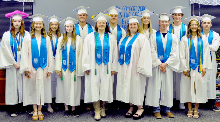 THE STOCKTON HIGH SCHOOL CLASS OF 2024 who received their diplomas on Saturday, May 12 are from left: Rachel Dryden, Katelynn Post, Jadyn Palmer, Keely Gardner, Preston Chandler, Cheyene Carlson, Zachary Young, Raegan Shepherd, Breckyn Williams, Hayden Hilbrink, Max Moffet, Claire Plumer and Noah Ferguson.