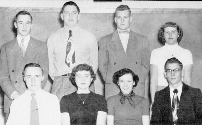 THE 1953 PLAINVILLE HIGH SCHOOL'S NATIONAL HONOR SOCIETY was comprised of the following students (seated from left): Leo Russell, Paula Laughlin, Elise Cussen, Bob Paysinger; (standing) Gary Westhusin, Herb Hilgers, Bill Shipman, and Rita Rempe.