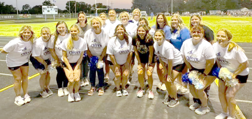 PAST STOCKTON CHEERLEADERS dusted off their pom poms and showed their school spirit when they performed the school song at the SHS football game on Friday, September 6th. Pictured are (front row): Payton Keller, Kathy Dix, Danielle Muir, Sadie Look, Taigen Kerr, Addie Struckhoff, Delany Woodworth; (back row) Kayla Hilbrink, Misty Higdon, Denise Hulse, Anne Larson, Daneen Keller, Julie Glendening, Kyleigh Stice, Kinsie Post, Erin Miller, Laura Moffet, Ali Keller, and Lexi Earl.