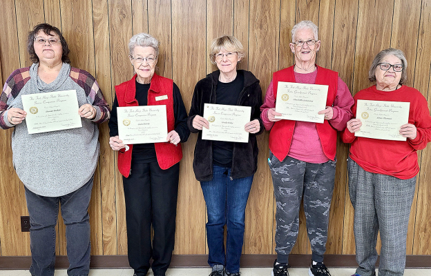 AMERICORPS SENIOR VOLUNTEERS gathered for an in-service meeting on February 22, 2023, at the Stockton Senior Center. Volunteers from Rooks County, along with their years of service to the Senior Companion Program, include the following (from left): Senior Companions Denise Becker, Plainville, four Years of Service; Geoa Norris, Stockton, one Year of Service; and Linda Paley, Stockton, six years of service; and Foster Grandparents, Charlotte Sammons, Stockton, six years of service; and Dora Thomas, Plainvill