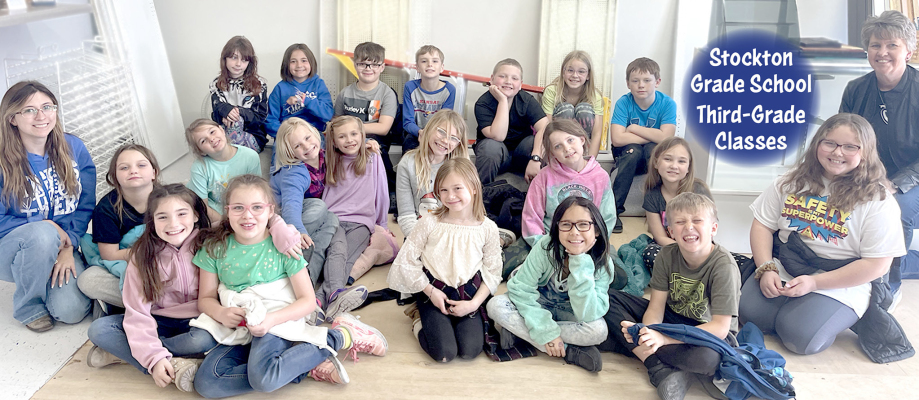 EDUCATIONAL TRIP—The third-grade classes from Stockton Grade School went to the Stockton Sentinel last Friday where they learned about writing informational articles. Those making the trip included, front row, from left: Madalyn Swaney, Brynn Earl, Madilyn Kephart, Adelynn Johnston, and Gabriel Kuhlmann; middle row: Ms. Brooke Werner, Zoey Toll, Emma Freeman, Naraya Kuhlmann, Alexandria Eck, Adalyn McNulty, Ava Armstrong, Raineigh Huenergarde, and Mrs. Martha Fleck; and back row, Amberleigh Jurgens, Bryah S