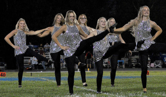 THE STRIDERS DANCE SQUAD performed a routine during halftime of the Stockton vs. Logan/Palco football game on Sept. 2. From left are: Delanee Bedore, Tierra Yohon, Claire Plumer, Ella Snyder, Saj Snyder, Karleigh Horn and Ava Dix.