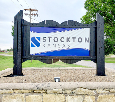 THE FOUR LARGE STOCKTON ENTRANCE SIGNS sport the new City of Stockton logo. Audrey (Green) Rahjes designed the logo, and the bold S and print have an industrial feel. The logo will now be on the City’s marketing, letterheads, clothing, etc. LIB Studio made the entrance banners for the City.