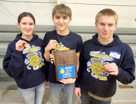 THE STOCKTON FFA GREENHAND TEAM placed second in the Greenhand Division at the FFA Entomology Contest held in Downs on Monday, March 3rd. Pictured are (from left) Meredith Gasper, fourth place; Skyler Turnbull, second place; and Isaac Thayer, eighth place.