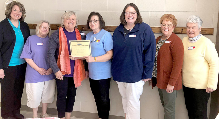 ROOKS COUNTY HEALTH CENTER AUXILIARY (RCHA) recently received the coveted Gold Award of Excellence. Those on hand for the award presentation included: District 5 Coordinator Nikki Mihm; RCHA Secretary Jill Davis; RCHA Past-President Diane McReynolds; RCHA President, JuneMongeau; RCHA Vice-President Kandie Morain; HVK Vice-President Shirley Van Loenen; and HVK President Elect, Sally Emerson.