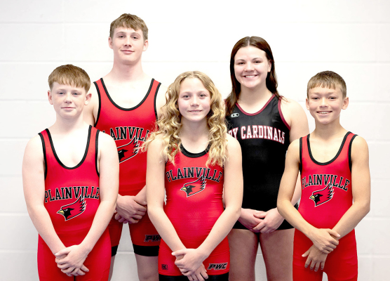 AFTER STRONG SEASONS ONTHE MAT, five members of the Plainville Wrestling Club will take their talents to Council Bluffs, Iowa, April 2–4, to compete in USA Wrestling’s prestigious Heartland Duals. Representing Plainville are (from left): Cole Flower, Weston Hamel, Ransym Nussbaum, Lillian Garcia, and Kyran Irving. Best of luck to these athletes as they compete on the big stage! (Courtesy Photo)