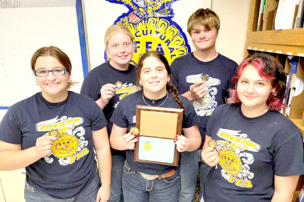 THE STOCKTON FFA TEAM placed first out of 81 contestants and 16 teams at the recent Homesite Judging Contest at Quinter! Pictured are (front row) Skylar Amlong (7th place), Mia Odle (1st place), and Piper Creighton (5th place); (back row) Brenna Odle (6th place), and Kolby Dix (2nd place).