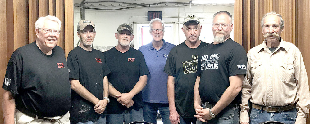 U.S. SENATOR JERRY MORAN visited the Stockton VFW Post #8873 during his Conservation Tour on Saturday, August 27th. Pictured are (from left): Quartermaster John Berkley, David Atwood, Scott Baker, Jerry Moran, Ed Thayer, Shayn Balthazor and Mark Trumbo.