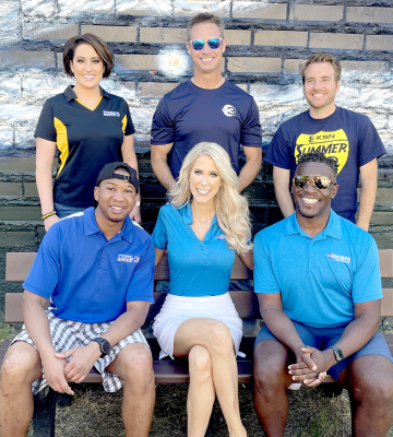 THE KSN NEWS TEAM visiting Stockton last Thursday were, front row, from left: Ronelle Williams, Julia Thatcher, and Eddie Randle; back row, from left: Lisa Teachman, Jeff Herndon, and Avery Osen.