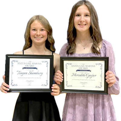 STOCKTON EIGHTH-GRADE STUDENTS Teagann Shamburg and Meredith Gasper received the Anita Gale Simons award at Stockton’s Eighth-Grade Promotion held on Monday, April 29th. This award is given to the students with the highest grade point averages in their class. Anita’s classmates established this award in 1971 to honor her memory after she passed away during her eighth-grade year.
