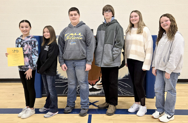 THE TOP FOUR SPELLERS and the two alternates from the Stockton Grade School Spelling Bee include, from left, champion Corbyn Glendening, Bryah Stithem, Raiden Huenergarde, Vernon Waters, Hadlee Sterling, and Tessa Look.