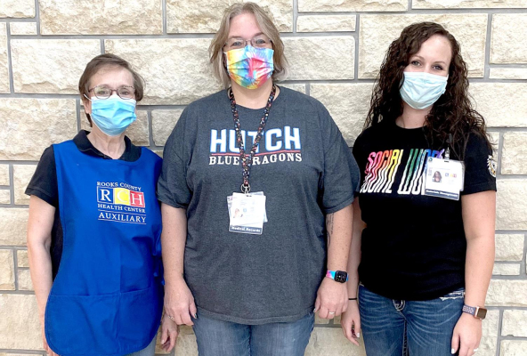 ROOKS COUNTY HEALTH CENTER AUXILIARY recently awarded their Memorial Scholarships for the 2021/2022 academic year. Receiving the RCH Memorial Employee Scholarships from Scholarship Comittee member Shirley Comeau, left, are: LaDonna Shetterly, Stockton (center) and Cricket Schmidt, Ellis (right). Others receiving scholarships but unavailable for the photo include: Chase Cellmer and Kristen Jones, both of Plainville.
