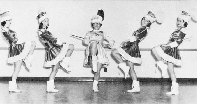 THE 1953 PLAINVILLE RURAL HIGH SCHOOL TWIRLERS were (from left): Anita Fox, Eva Stalnaker, Carolyn Gilliland, Lynn Amos, and Joan Marlow. The director of the PRHS band was Paul Darnell.