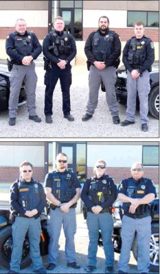 THE ROOKS COUNTY SHERIFF’S DEPARTMENT OFFICERS consist of (top picture) Deputy Don Earl, K-9 Sgt. Nolan Weiser, Deputy Randy Benoit, and Deputy Quintin Silsby; (bottom picture) Deputy Jesse Goodenow, Deputy Ben Larson, Deputy Lauren Tucker and Lieutenant Collin Hockett.