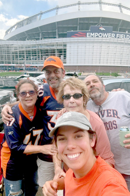 DEB BALDERSTON (far left), Bill Balderston, and JD Niermeier took Joan Balderston (center) to the Pittsburgh Steelers vs. Denver Broncos football game in Denver on September 15th. Although the Broncos lost the game, everyone had a great time, with Bill’s daughter, Ally Balderston, meeting them at the stadium before the game to tailgate.