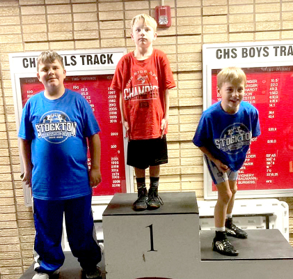 THREE STOCKTON WRESTLING CLUB MEMBERS recently competed at the Concordia Wrestling Tournament. Those from left, along with their placing, include: Judsten Cockrell, 5th; Jevin Rush, 1st; and Jake Cockrell, 3rd.