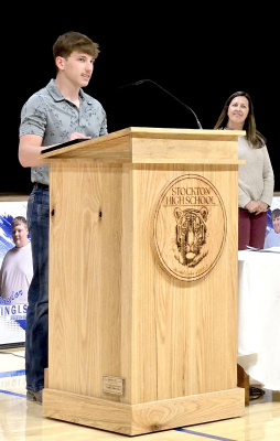THE GOVERNOR’S SCHOLARS PROGRAM has recognized outstanding graduating seniors who finish in the top one percent of their high school graduation class for the past 41 years. At the SHS Awards Night on Wednesday, May 7th, Cason Iwanski was named the 2025 Governor’s Scholar for Stockton High School. Pictured is Cason Iwanski with high school counselor Mandi Dobson.