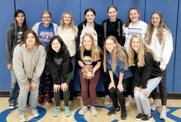 THE STOCKTON HIGH SCHOOL GIRLS TRACK TEAM brought home a second-place plaque from the Logan High School Invitational track meet held last Tuesday in Logan. The Lady Tigers, who scored 98 points, finished second. The Osborne girls won the meet with 122 points. Team members are front row, from left: Rivver Long, Ryleigh Gardner, Delany Snyder, Katlyn Couse, and Breckyn Williams; and back row, from left: Jalia Creighton, Brin Muir, Missy Ard, Mackenzie Kester, Cappi Hoeting, Kaelyn Means, and Ava Dix. (Courtes