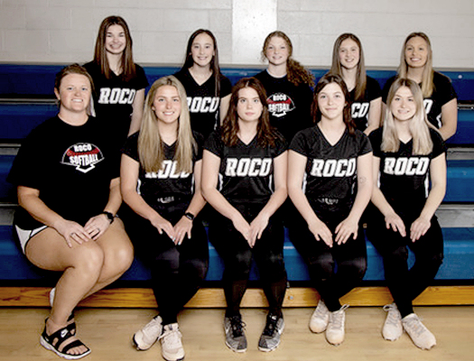 STOCKTON GIRLS ON THE 2022 ROCO SOFTBALL TEAM include, front row, from left: Coach Lindsey Brown, Kyra Gottfried, Jaylyn Sager, Coryn Hahn, and Janae Keller; and back row, from left: Aubrey Kesler, Ruthie Voss, Ashlyn Hahn, Lucie Voss and Emma Yakish.