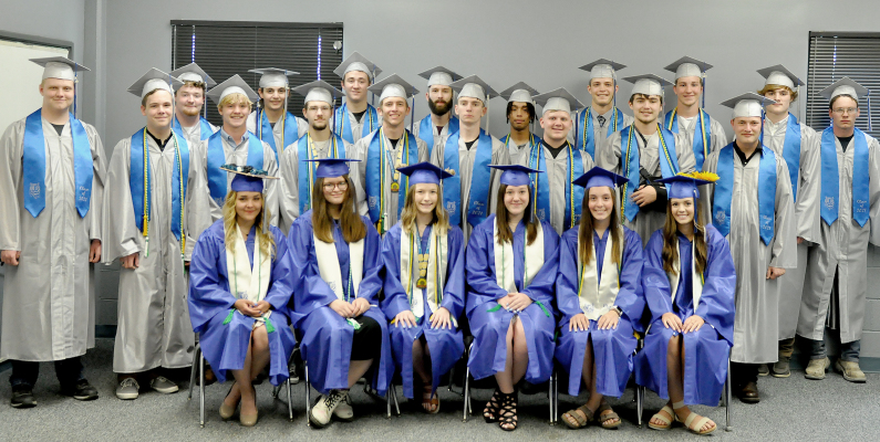 STOCKTON HIGH SCHOOL'S 126th GRADUATING CLASS gathered as a group just minutes before walking into Tiger Gymnasium for the Commencement Exercises. Pictured seated, from left, are: Harley Kester, Emil Benavides, Logan Winklepleck, Abby Johnson, Venessa Yakish and Chloe Plumer; and standing, from left: Zachary Gardner, Isaac Reed, Logan Hemphill, Justus Hulse, John Yakish, Leighton Colburn, Ethan Means, Brayden Wallace, Kameran Hamel, Tyson Palmer, Markeis Spiller, Kaden Kriley, Nolan Buss, Jace Hull, Deyton 